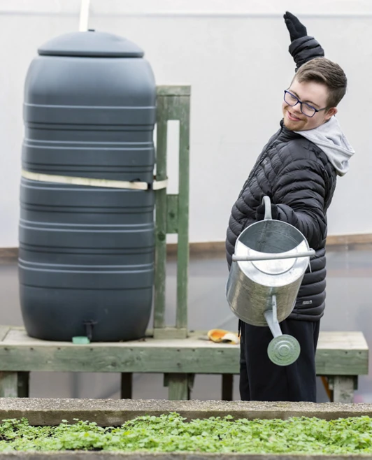 Young man joyfully holding a metal watering can beside a water barrel, standing next to a raised garden bed with green plants. Young man joyfully holding a metal watering can beside a water barrel, standing next to a raised garden bed with green plants.